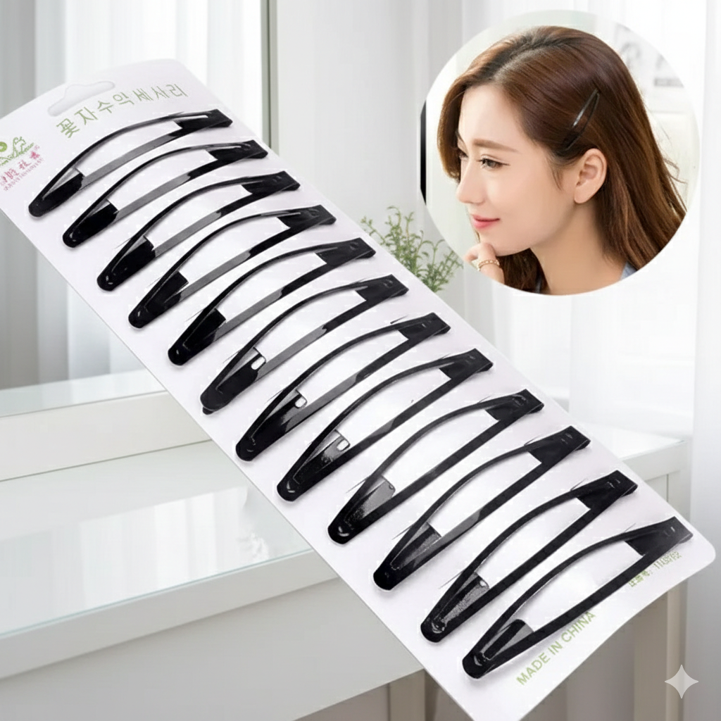 12-Piece Premium Black Metal Snap Hair Clips (6cm)