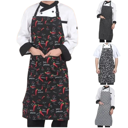 Adjustable Striped Half-Length Chef Apron with 2 Pockets