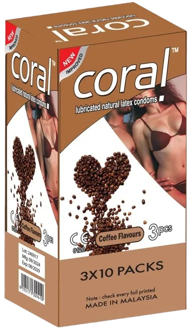 Coral Coffee Flavors Lubricated Natural Latex Condom for Men | Full Box 3x10=30pcs Condom | Malaysia