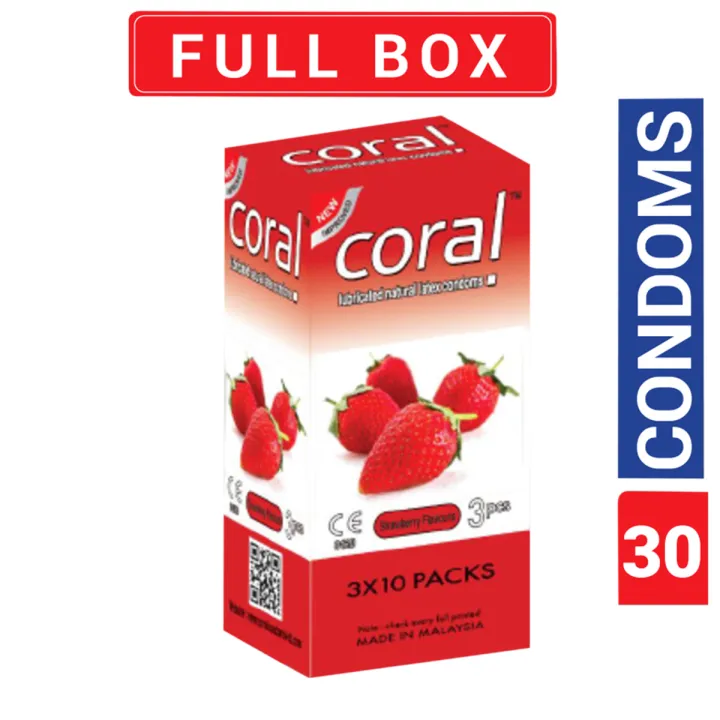 Coral Strawberry Flavor Lubricated Natural Latex Condom | Full Box 3x10=30pcs Condom for Men | Malaysia