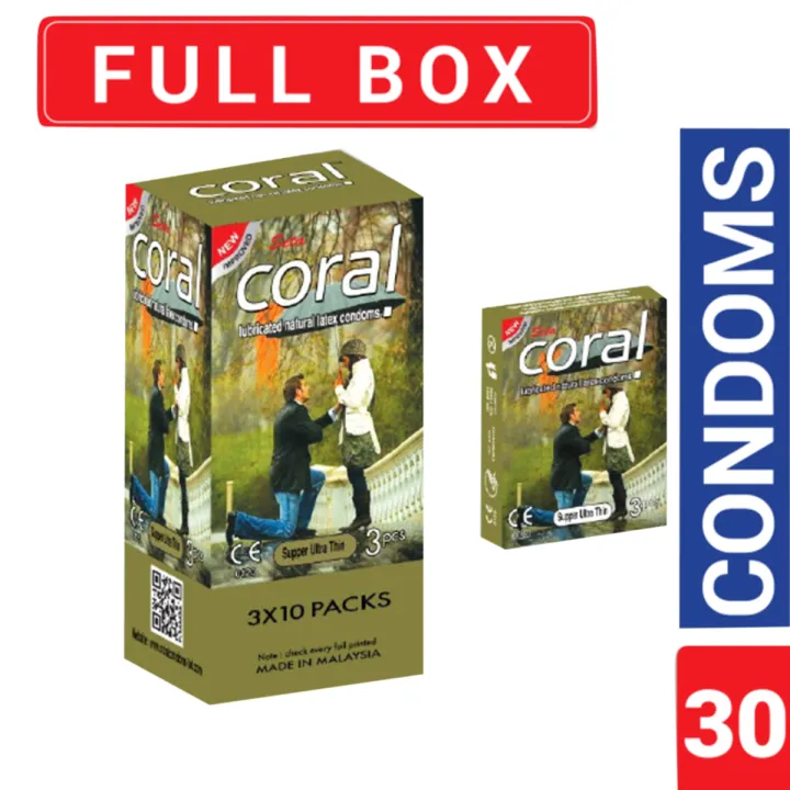 Coral - Super Ultra Thin Lubricated Natural Latex Condoms | Full Box - 3x10=30pcs