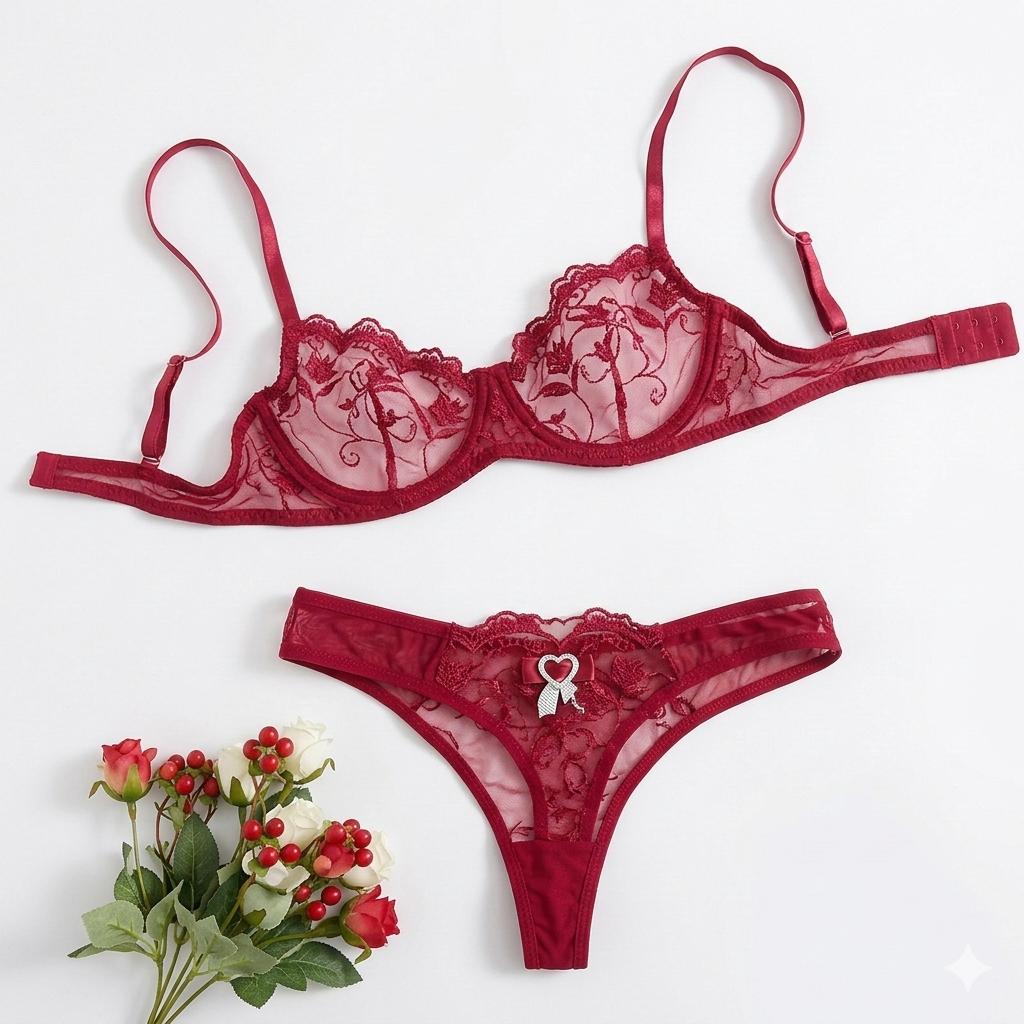Khapsu Premium Quality Flower Transparent Lace Women Bra & Panty Set