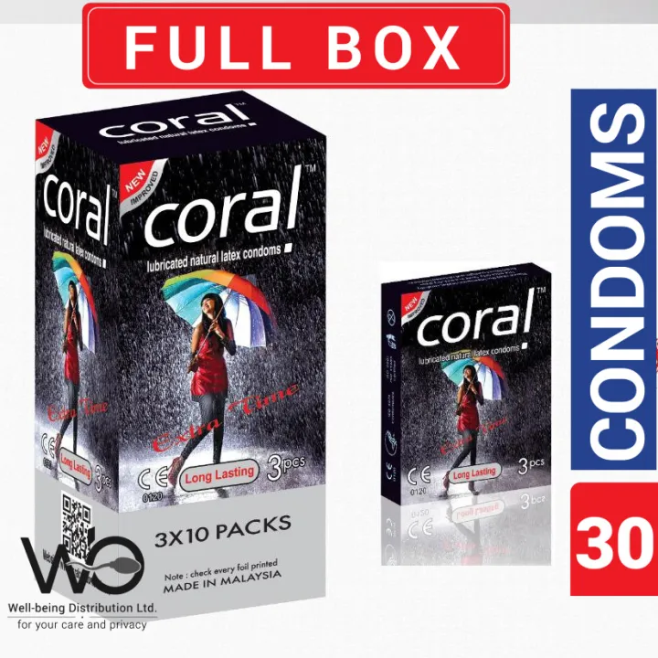 Coral - Long Lasting Extra Time Lubricated Natural Latex Condom For Men- Full Box